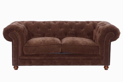 Image Chesterfield sofa, 2-seater, brown velvet- like fabric cover, tufted and buttoned back, sides, and frame, partially with nail decoration, loose cushions, on ball feet, approximately 75x194x95 cm