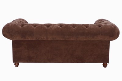 26746931a - Chesterfield sofa, 2-seater, brown velvet- like fabric cover, tufted and buttoned back, sides, and frame, partially with nail decoration, loose cushions, on ball feet, approximately 75x194x95 cm