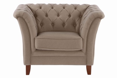 Image Chair, in English style, fabric covers in brownish-beige or sand color, tufted and buttoned, removable seat cushion, approximately 78x108x85 cm, seat height 48 cm, arm height 54 cm