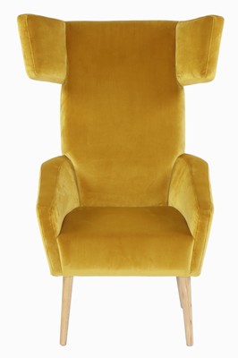 Image 26746936 - Design wingback chair, yellow velvet-like fabric cover, legs flared conically in solid beech, very decorative, approximately 112x58x62 cm