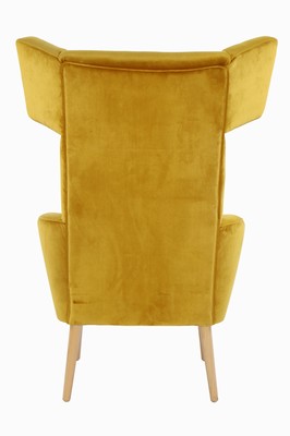 26746936a - Design wingback chair, yellow velvet-like fabric cover, legs flared conically in solid beech, very decorative, approximately 112x58x62 cm