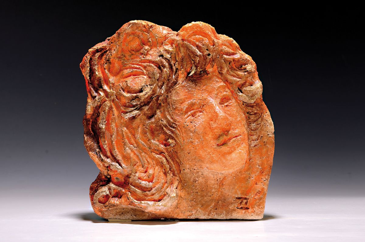 Detail k: Georg Günther Zeuner, 1923- Dresden-2011 Speyer, Kopf Keramikskulptur, orange braun bemalt, monogr., ca.26x22 cm