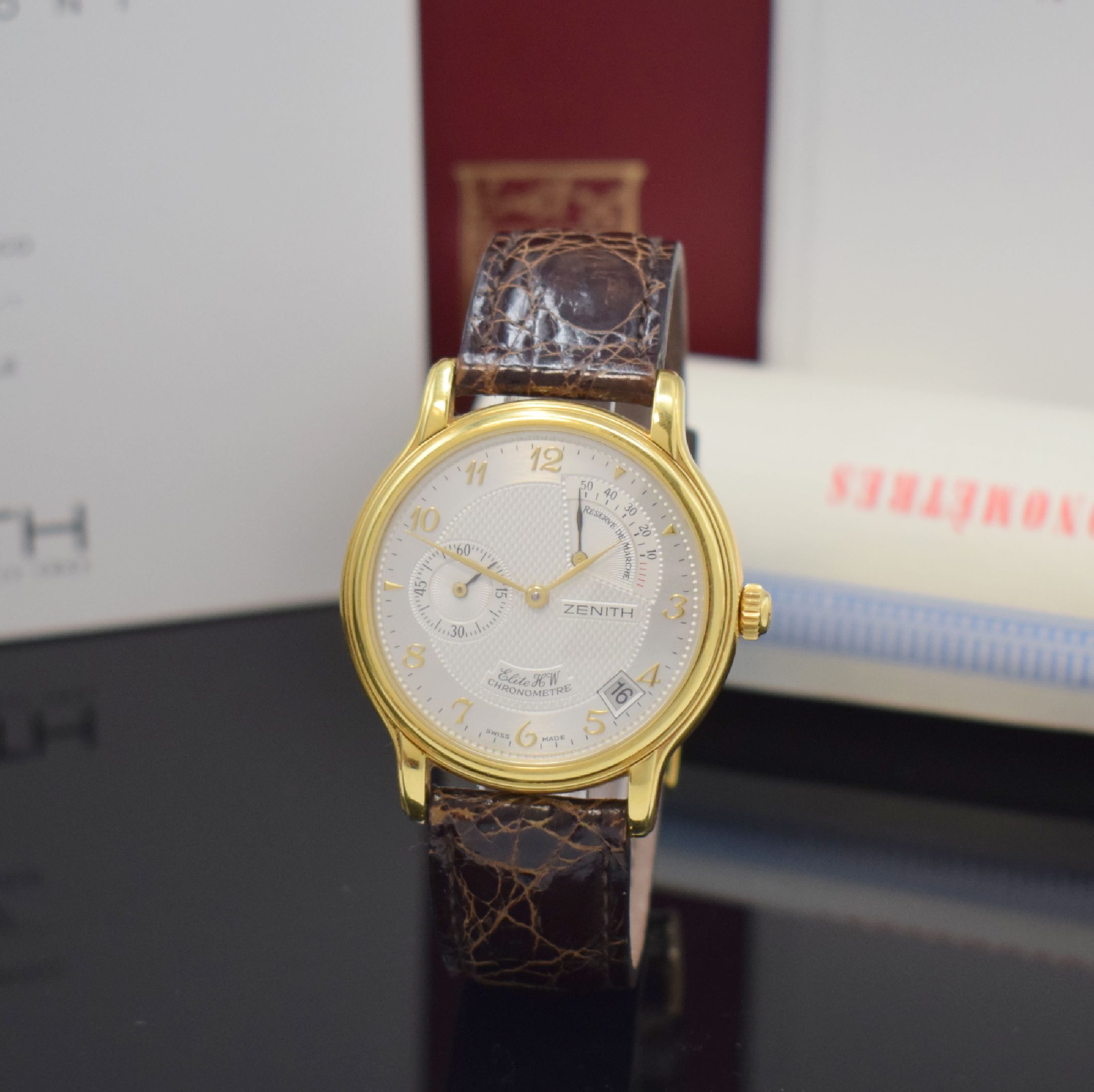 ZENITH ELITE HW Chronometre Herrenarmbanduhr mit Gangreserveanzeige in GG 750/000 Referenz 30 0240 655, Schweiz um 1998, Handaufzug, Boden aufgedr., ...