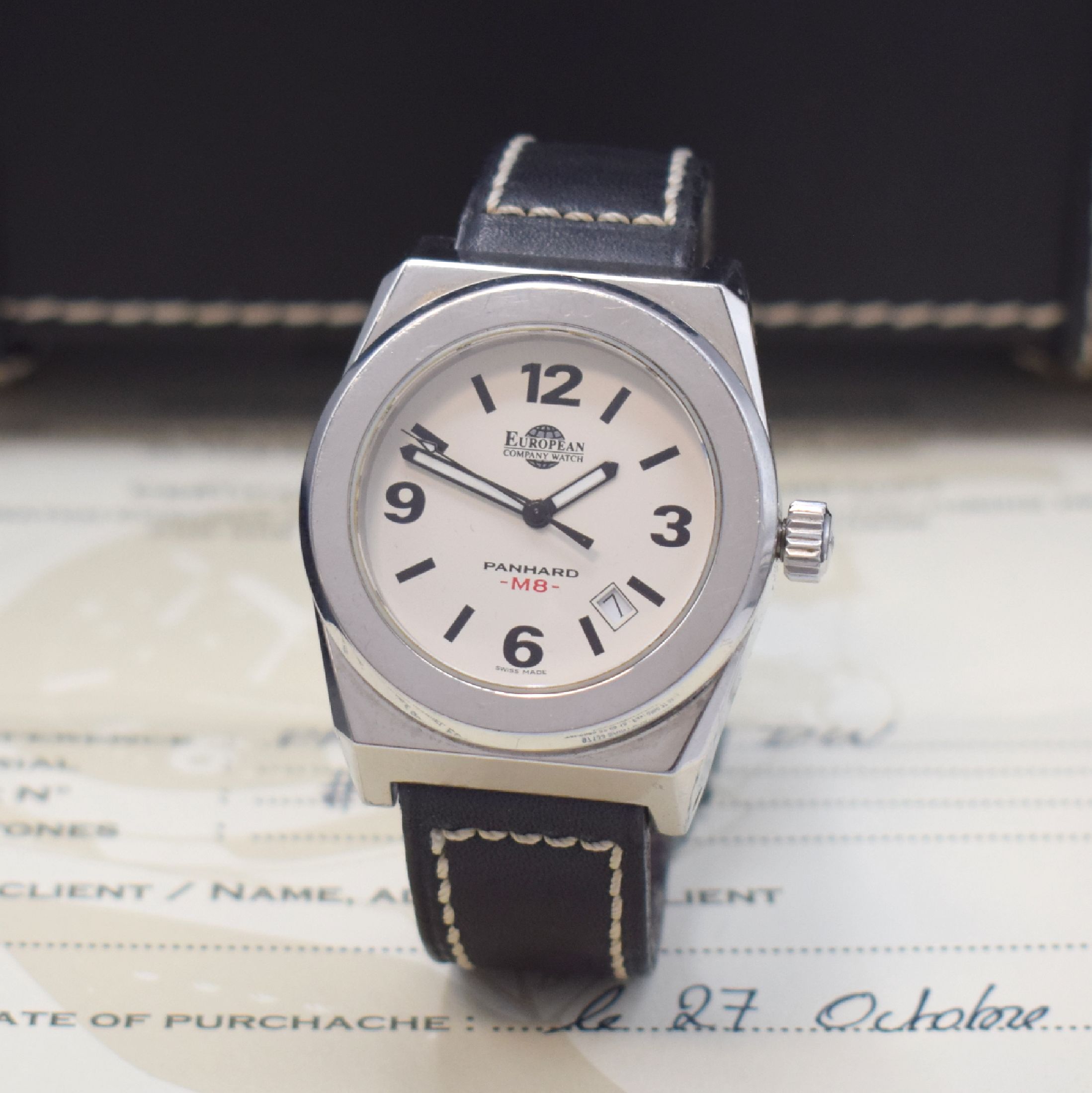 EUROPEAN COMPANY WATCH Herrenarmbanduhr Panhard M8 Referenz PM8ST4051D, Automatik, massives 2-teil. Edelstahlgeh. inkl. Lederband m. orig. Dornschl., ...