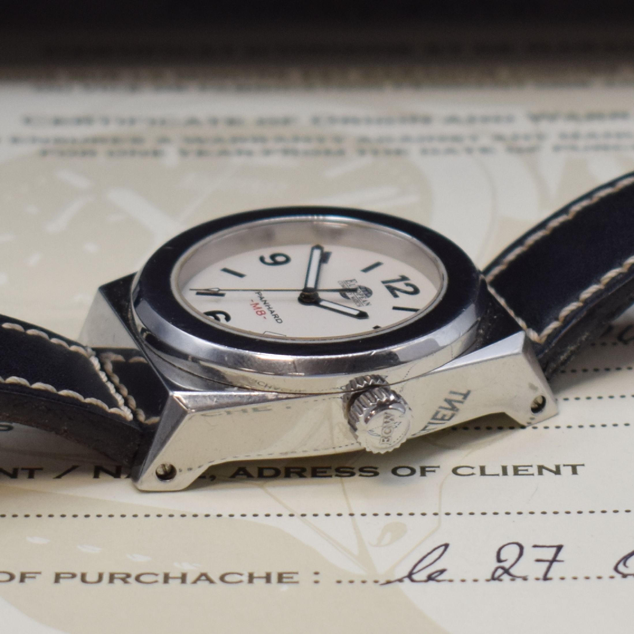 Detail c: EUROPEAN COMPANY WATCH Herrenarmbanduhr Panhard M8 Referenz PM8ST4051D, Automatik, massives 2-teil. Edelstahlgeh. inkl. Lederband m. orig. Dornschl., ...