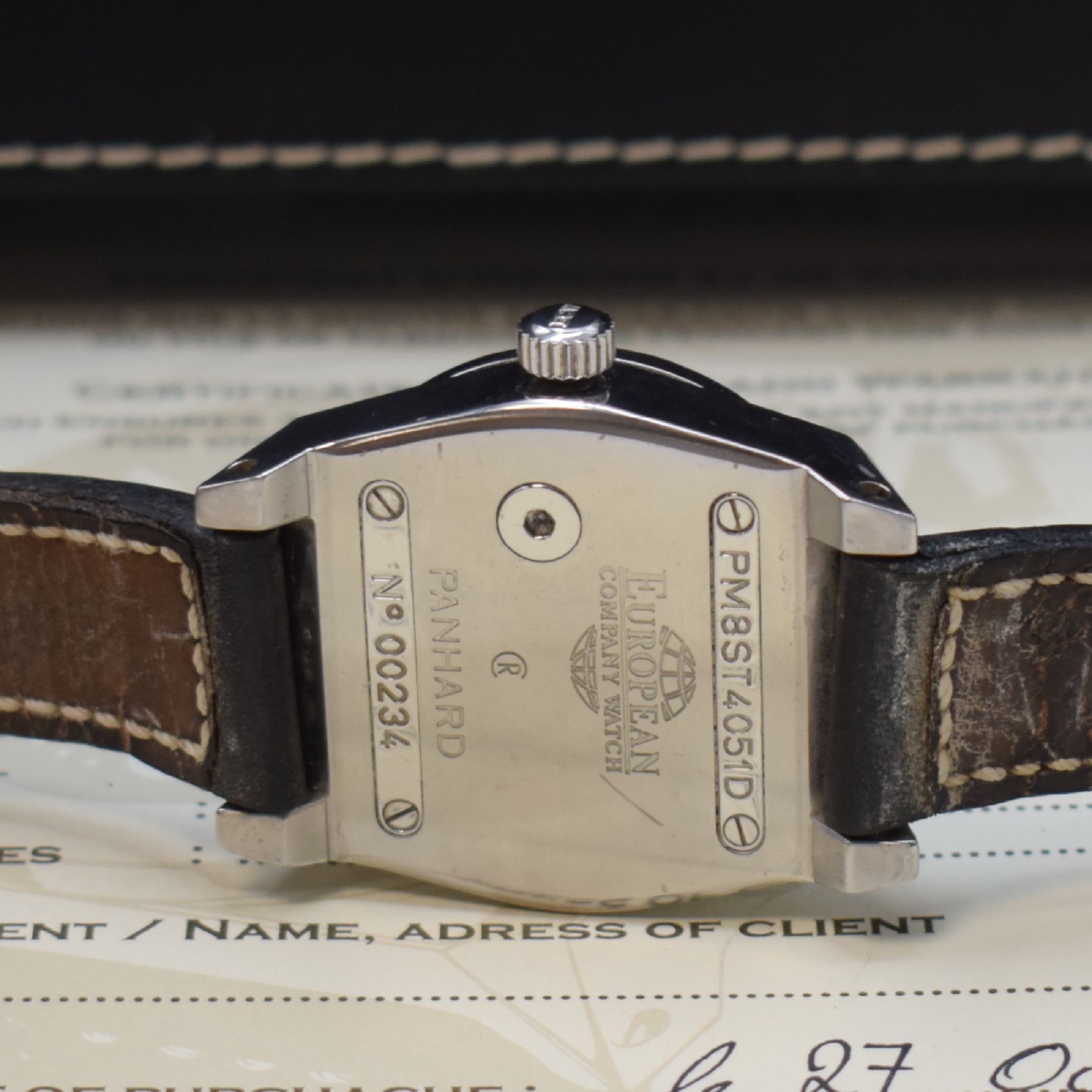 Detail d: EUROPEAN COMPANY WATCH Herrenarmbanduhr Panhard M8 Referenz PM8ST4051D, Automatik, massives 2-teil. Edelstahlgeh. inkl. Lederband m. orig. Dornschl., ...