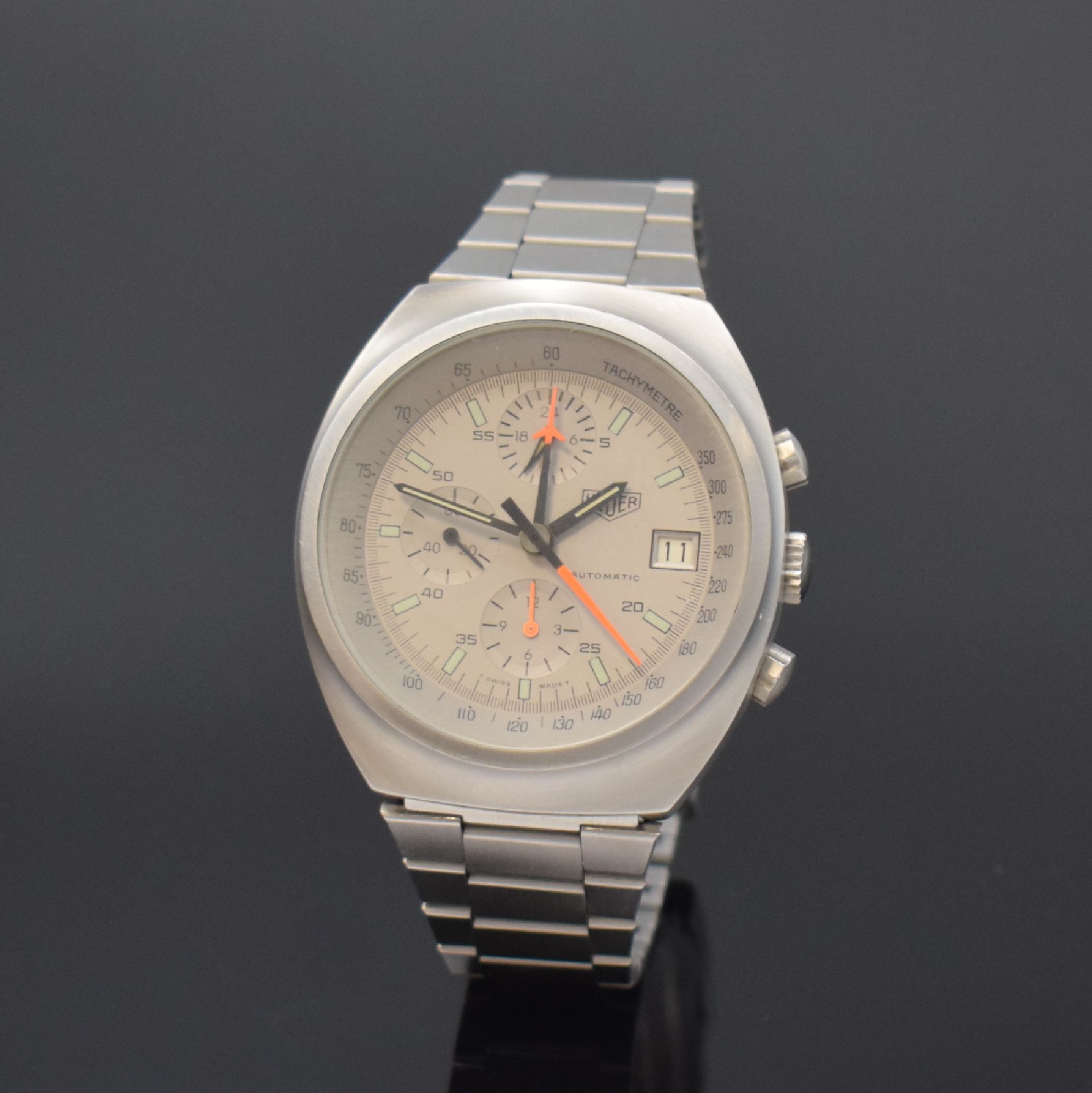 HEUER "Pewter" seltener Armbandchronograph Referenz 510.503, Automatik, Schweiz um 1975, Zinn-farb. Edelstahlgeh. inkl. Gliederband m. ...