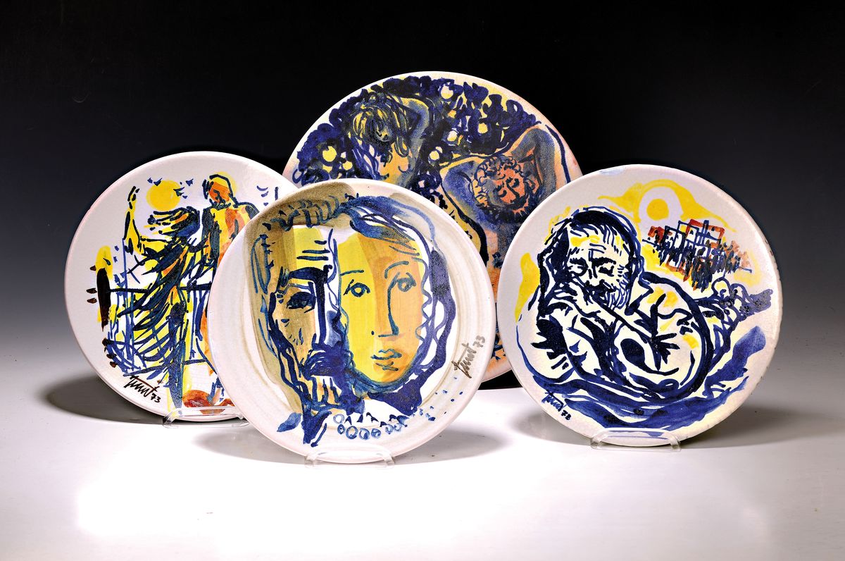 Detail k: Georg Günther Zeuner, 1923 Dresden-2011 Speyer, vier bemalte Keramikteller, 1x von 1983, Evas Erschaffung, D. ca. 36,5 cm, 3xvon 1973, Der Morgen, ...