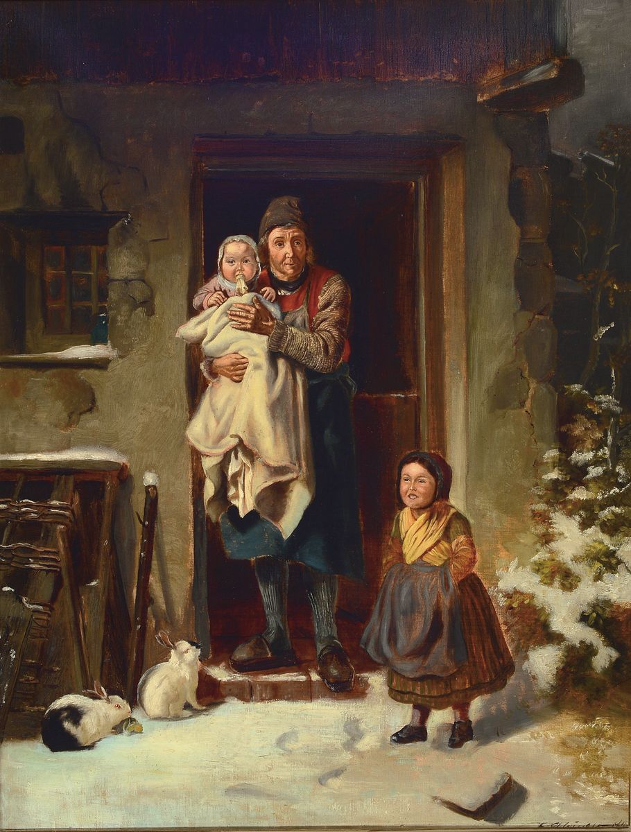 Felix Schlesinger, 1833 bis 1910 Hamburg, "Die Hasenfütterung" Winterliche Szene zeigt einen älteren Mann mit Kleinkind im Arm in einer ...