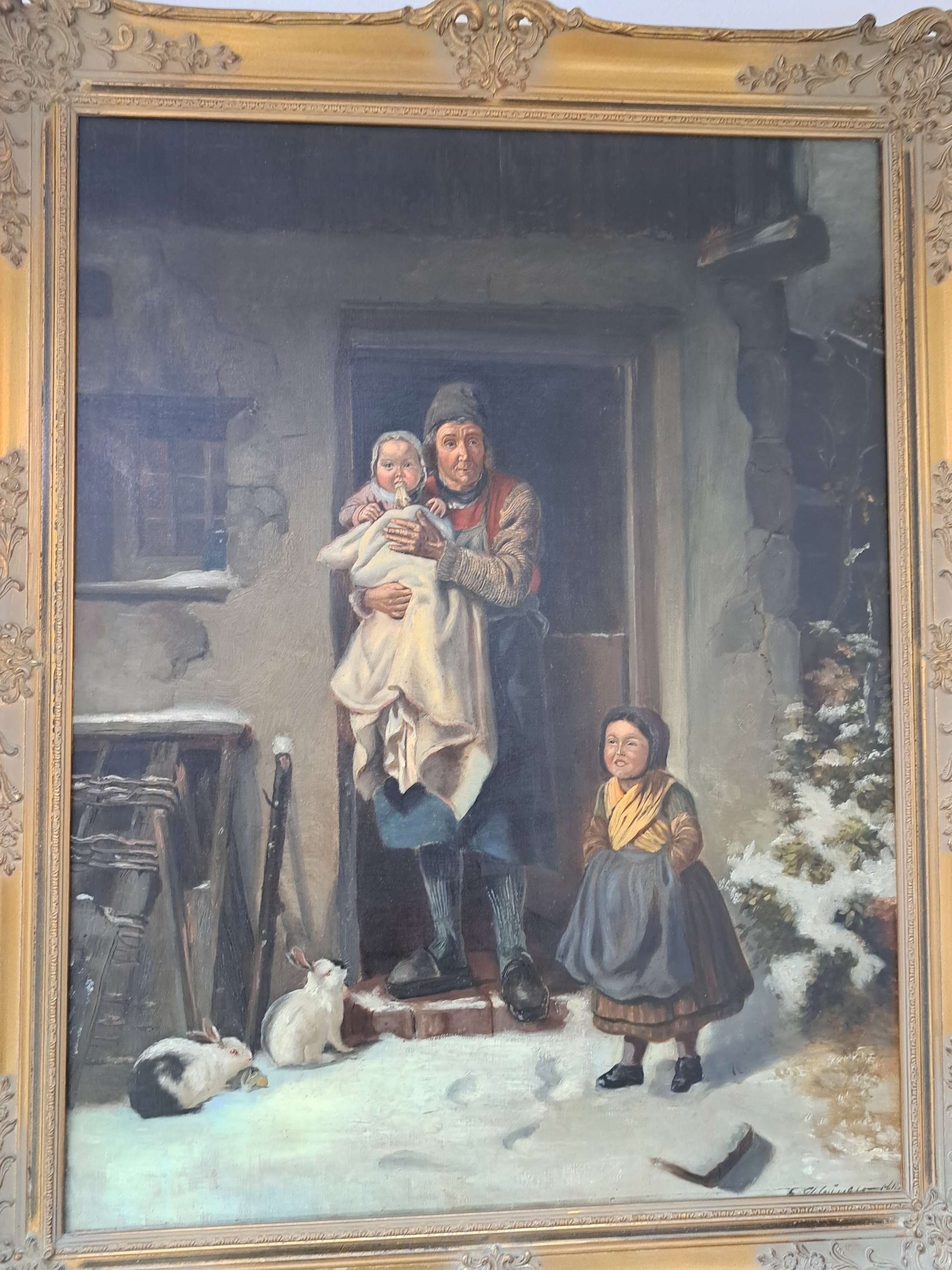 Detail a: Felix Schlesinger, 1833 bis 1910 Hamburg, "Die Hasenfütterung" Winterliche Szene zeigt einen älteren Mann mit Kleinkind im Arm in einer ...