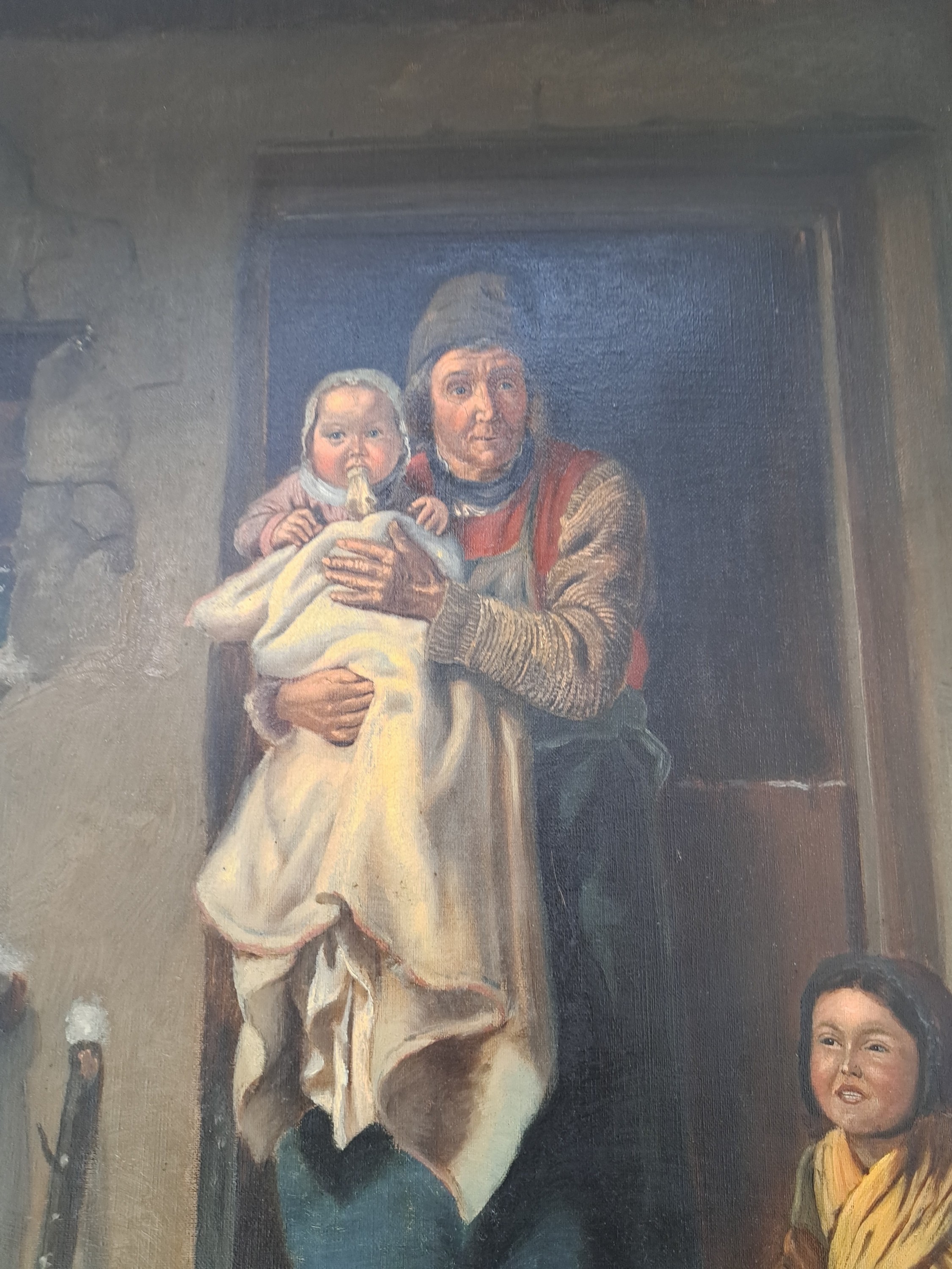 Detail b: Felix Schlesinger, 1833 bis 1910 Hamburg, "Die Hasenfütterung" Winterliche Szene zeigt einen älteren Mann mit Kleinkind im Arm in einer ...