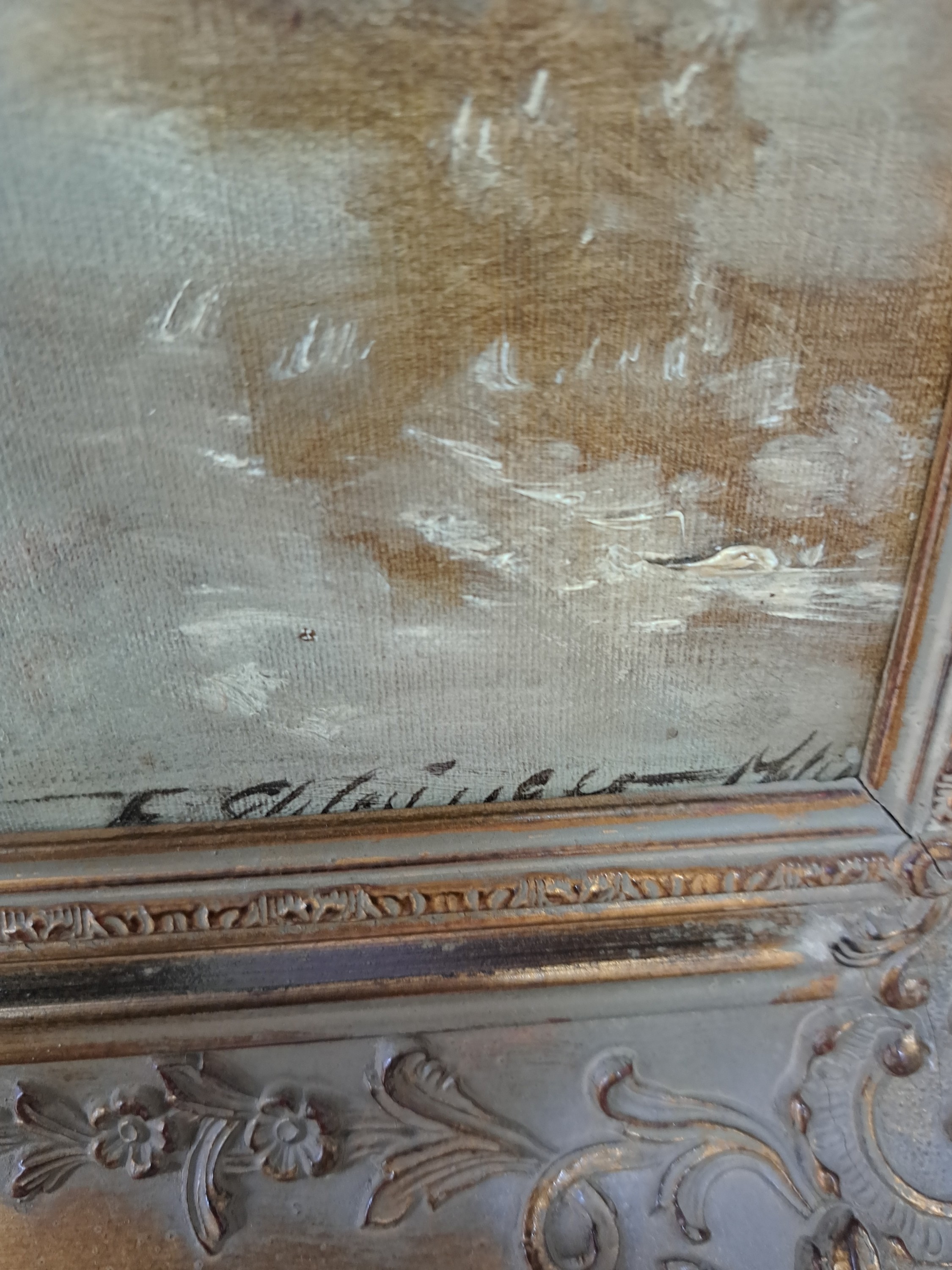 Detail c: Felix Schlesinger, 1833 bis 1910 Hamburg, "Die Hasenfütterung" Winterliche Szene zeigt einen älteren Mann mit Kleinkind im Arm in einer ...