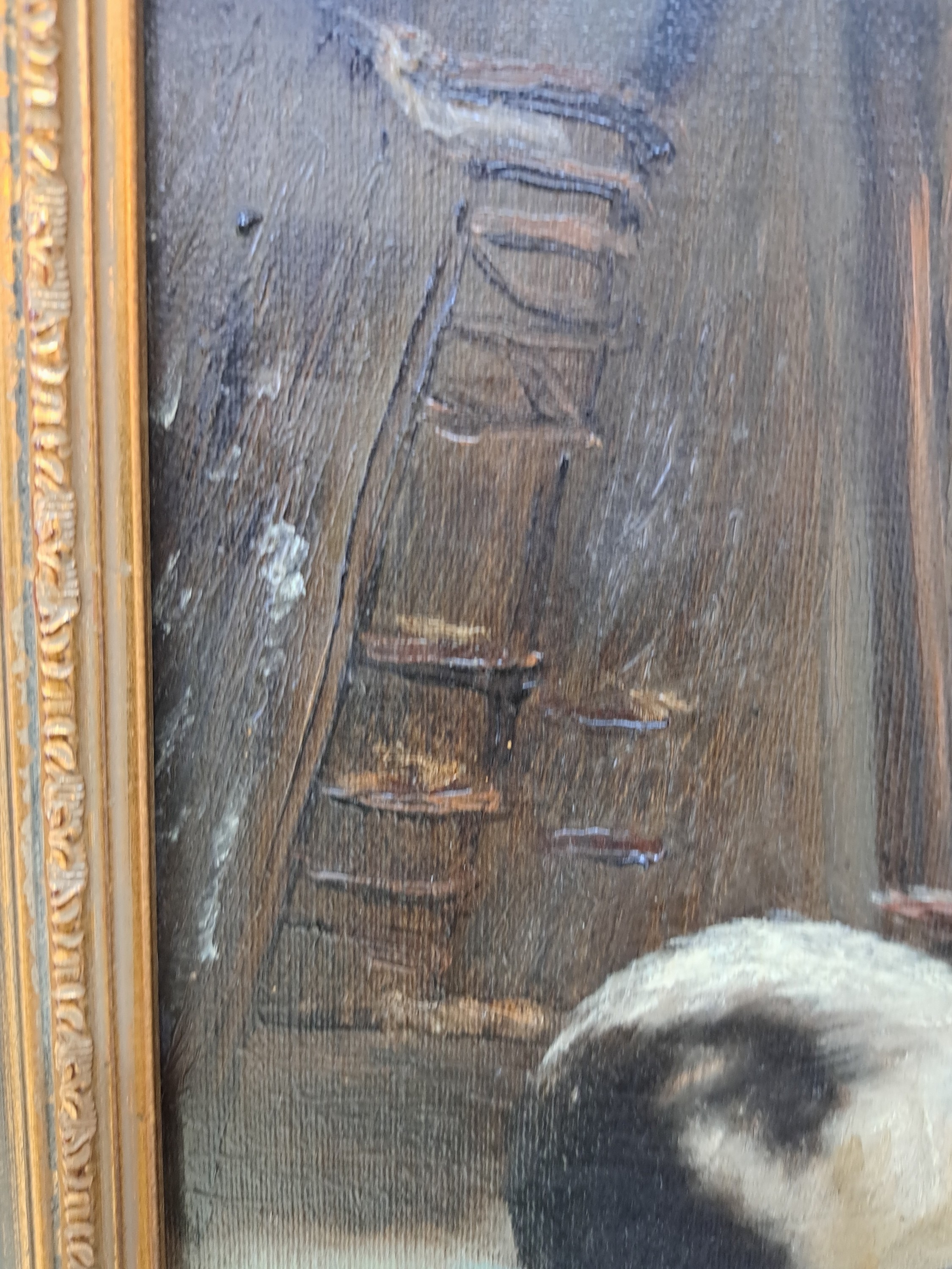 Detail d: Felix Schlesinger, 1833 bis 1910 Hamburg, "Die Hasenfütterung" Winterliche Szene zeigt einen älteren Mann mit Kleinkind im Arm in einer ...