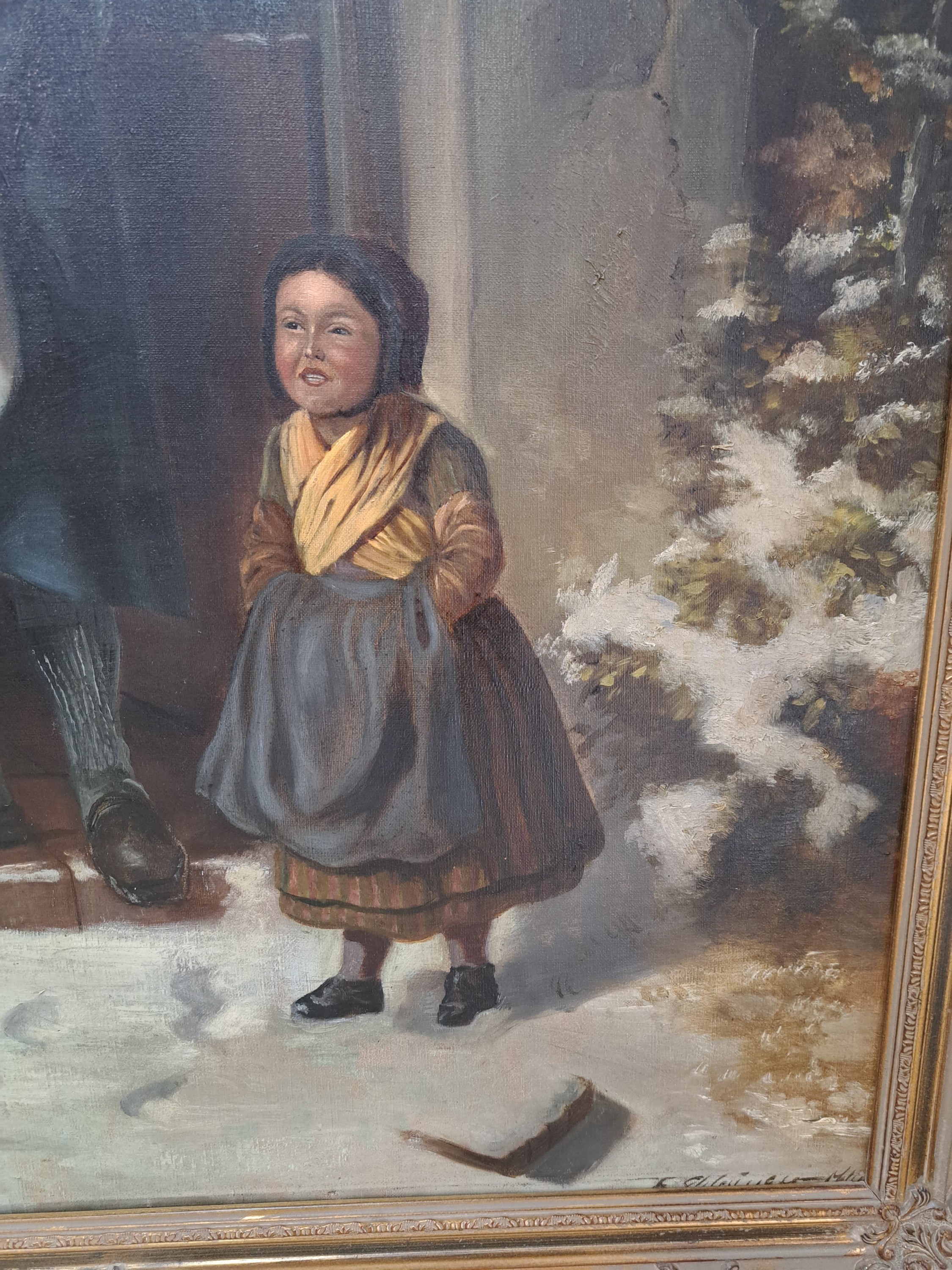 Detail e: Felix Schlesinger, 1833 bis 1910 Hamburg, "Die Hasenfütterung" Winterliche Szene zeigt einen älteren Mann mit Kleinkind im Arm in einer ...