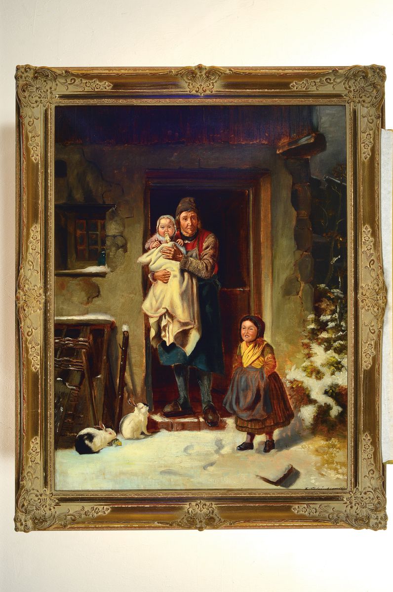 Detail k: Felix Schlesinger, 1833 bis 1910 Hamburg, "Die Hasenfütterung" Winterliche Szene zeigt einen älteren Mann mit Kleinkind im Arm in einer ...