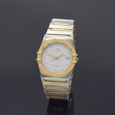 Image 26747501 - OMEGA gents wristwatch Constellation reference 396.1070 / 396.1080, Switzerland around 1990, quartz, stainless steel/gold combined including bracelet with deployant clasp, snap on case back, bezel with engraved Roman indices, white dial, display of hours, minutes, sweep seconds and date, calibre 1441, diameter approx. 34 mm, length approx. 18,5 cm, original box, condition 2-3