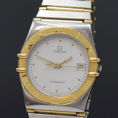 26747501a - OMEGA gents wristwatch Constellation reference 396.1070 / 396.1080, Switzerland around 1990, quartz, stainless steel/gold combined including bracelet with deployant clasp, snap on case back, bezel with engraved Roman indices, white dial, display of hours, minutes, sweep seconds and date, calibre 1441, diameter approx. 34 mm, length approx. 18,5 cm, original box, condition 2-3