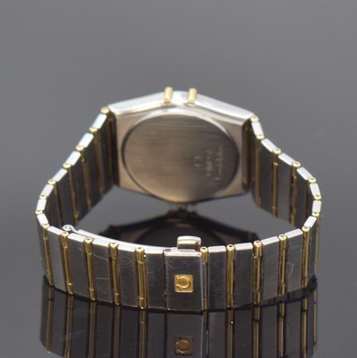 26747501b - OMEGA gents wristwatch Constellation reference 396.1070 / 396.1080, Switzerland around 1990, quartz, stainless steel/gold combined including bracelet with deployant clasp, snap on case back, bezel with engraved Roman indices, white dial, display of hours, minutes, sweep seconds and date, calibre 1441, diameter approx. 34 mm, length approx. 18,5 cm, original box, condition 2-3