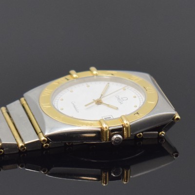 26747501c - OMEGA gents wristwatch Constellation reference 396.1070 / 396.1080, Switzerland around 1990, quartz, stainless steel/gold combined including bracelet with deployant clasp, snap on case back, bezel with engraved Roman indices, white dial, display of hours, minutes, sweep seconds and date, calibre 1441, diameter approx. 34 mm, length approx. 18,5 cm, original box, condition 2-3