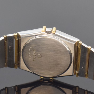 26747501d - OMEGA gents wristwatch Constellation reference 396.1070 / 396.1080, Switzerland around 1990, quartz, stainless steel/gold combined including bracelet with deployant clasp, snap on case back, bezel with engraved Roman indices, white dial, display of hours, minutes, sweep seconds and date, calibre 1441, diameter approx. 34 mm, length approx. 18,5 cm, original box, condition 2-3