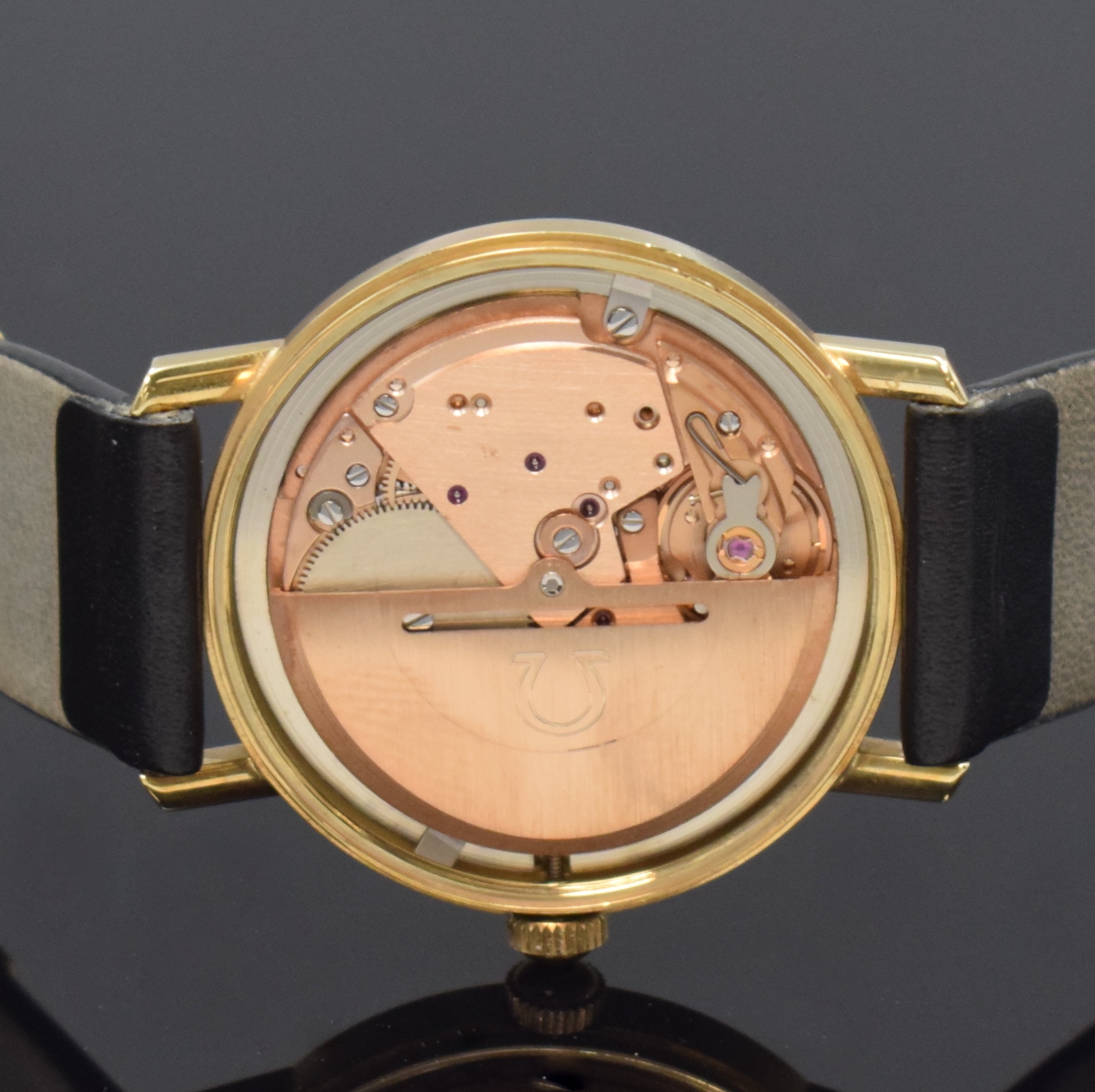 Detail f: OMEGA Geneve Herrenarmbanduhr Referenz 1667071 in GG 585/000, Schweiz um 1972, Automatik, verschr. Geh., orig. Krone, silb. Zifferbl., aufges. gold. ...