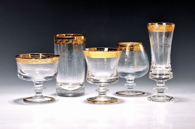 Image 26748670 - Drinking glass service, Murano, 1960s/70s, 10 champagne glasses, 6 champagne bowls, 4 wine glasses, 6 cognac snifters, 6 tumblers, colorless glass, etched decor, gold rims, a few glasses without gold rims on the foot