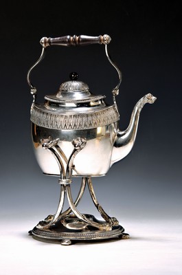 Image 26748673 - Silver teapot with warmer, Koch & Bergfeld, around 1900, 800 silver, stylized Acantus leafdecoration, mythical animal spout, turned handle insert, number. 30843, Foehr, approx. 1220 g, height approx. 35 cm, warmer is missing