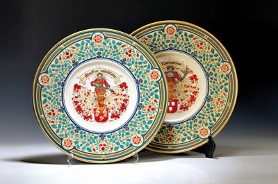Image 26748674 - Two large wall plates, Villeroy & Boch, Mettlach, around 1892, 1. Fine stoneware, incised and colorful decorated decor, model no. 2022 motto: "Music beautifies and life" and 2. 2023 "Art brings favor", monogrammed ADand dated 1891 in the depiction, D. approx. 51.5 cm, slightly rubbed