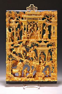 Image 26748676 - Carving/cassette, China, 20th century, fine, partly fully sculptural carving, gilded palacescenes with musicians, riders with fans, Fo dogs and other figurative representations, approx. 45 x 30 cm