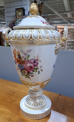 26748677b - Very large lidded vase/double-handled vase, KPM, Berlin, around 1906, blind mark F, scepter mark and painter's mark, porcelain, so-called Weimar vase, fine and large flower painting on both sides, rich gold decoration, good condition, elaborate gilding, partly matted, approx. 52 x 28 cm