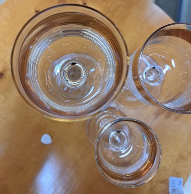 26748685f - Five glasses, designed by Peter Behrens, manufactured by Poschinger, 2nd half of the 20th century, two wine glasses from the Mathildenhöhe edition, three glasses from the Wertheim series, inscribed on the feet, height approx. 13-22.5 cm