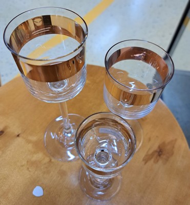 26748685h - Five glasses, designed by Peter Behrens, manufactured by Poschinger, 2nd half of the 20th century, two wine glasses from the Mathildenhöhe edition, three glasses from the Wertheim series, inscribed on the feet, height approx. 13-22.5 cm
