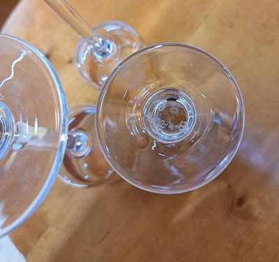 26748685k - Five glasses, designed by Peter Behrens, manufactured by Poschinger, 2nd half of the 20th century, two wine glasses from the Mathildenhöhe edition, three glasses from the Wertheim series, inscribed on the feet, height approx. 13-22.5 cm