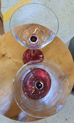 26748685l - Five glasses, designed by Peter Behrens, manufactured by Poschinger, 2nd half of the 20th century, two wine glasses from the Mathildenhöhe edition, three glasses from the Wertheim series, inscribed on the feet, height approx. 13-22.5 cm