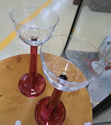 26748685m - Five glasses, designed by Peter Behrens, manufactured by Poschinger, 2nd half of the 20th century, two wine glasses from the Mathildenhöhe edition, three glasses from the Wertheim series, inscribed on the feet, height approx. 13-22.5 cm