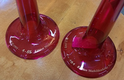 26748685n - Five glasses, designed by Peter Behrens, manufactured by Poschinger, 2nd half of the 20th century, two wine glasses from the Mathildenhöhe edition, three glasses from the Wertheim series, inscribed on the feet, height approx. 13-22.5 cm