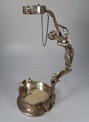 26748747a - Bottle holder, around 1900, Art Nouveau, 925 sterling silver, with a fully sculpted female figure, height approx. 27cm, approx. 570 g.