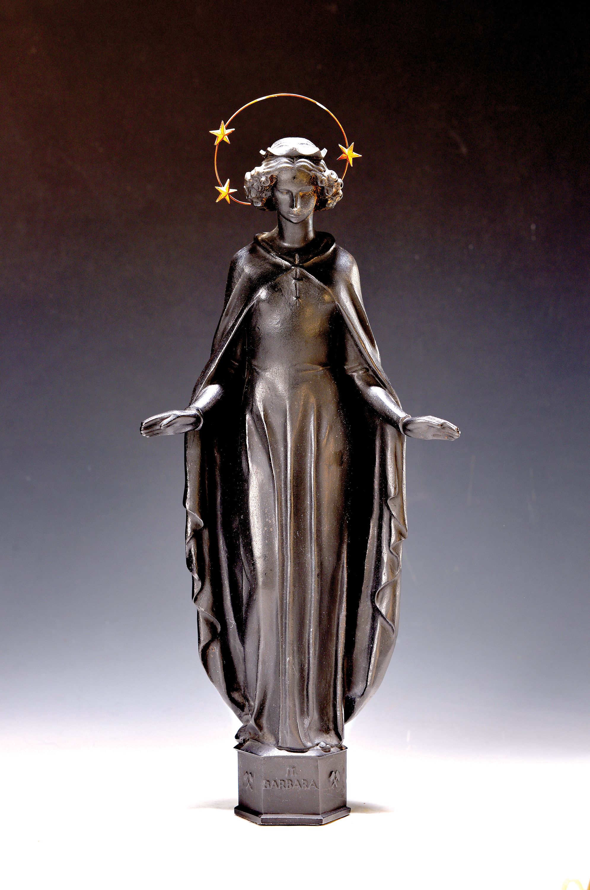 Figur von Heinrich Moshage (1896-1968), Hl. Barbara, Schutzpatronin der Bergleute und der Artillerie, Eisenguß von Buderus, monogr., H. ca. 38cm