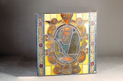 Image 26748915 - Large historicist leaded glass window, around 1910/20, colored glass panes, painted, depiction of Moses, bars and frame renewed, traces of age, 100x97 cm
