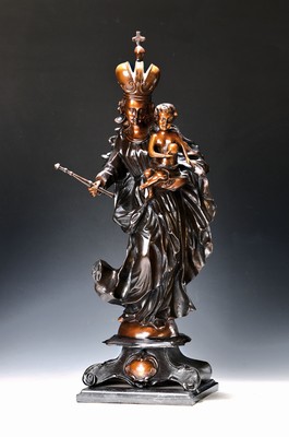 Image 26748966 - Madonna and child, bronze sculpture on a marble plinth, detailed casting with dynamic folds, partially dark patinated, height approx. 65cm