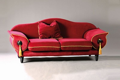 Image 26749001 - Large sofa from the 1990s, dark red velvet cover with gold-colored cords, matt black woodwith turned feet, wide sides, approx. 92x222x97cm, slight signs of wear, Condition 2