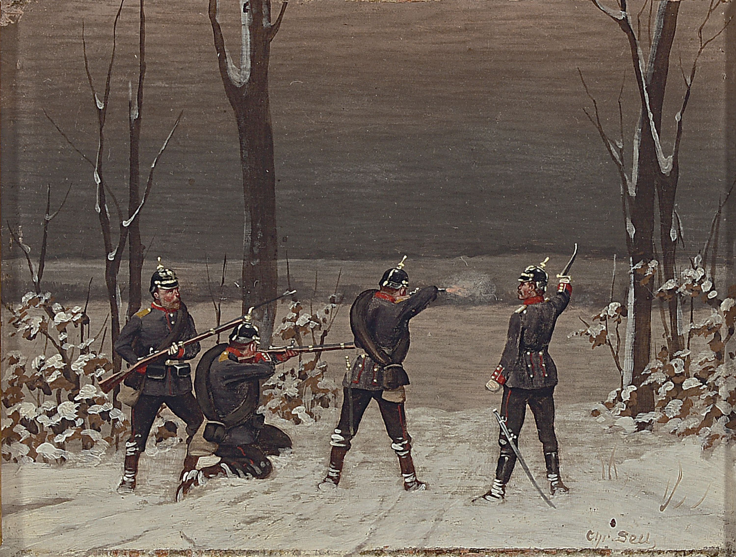 Christian Sell d.J., 1854 Düsseldorf-1925 Gotha, vier Soldaten in verschneiter Winterlandschaft, Öl/Holz, rechts unten signiert, ca. 14x18cm, ...
