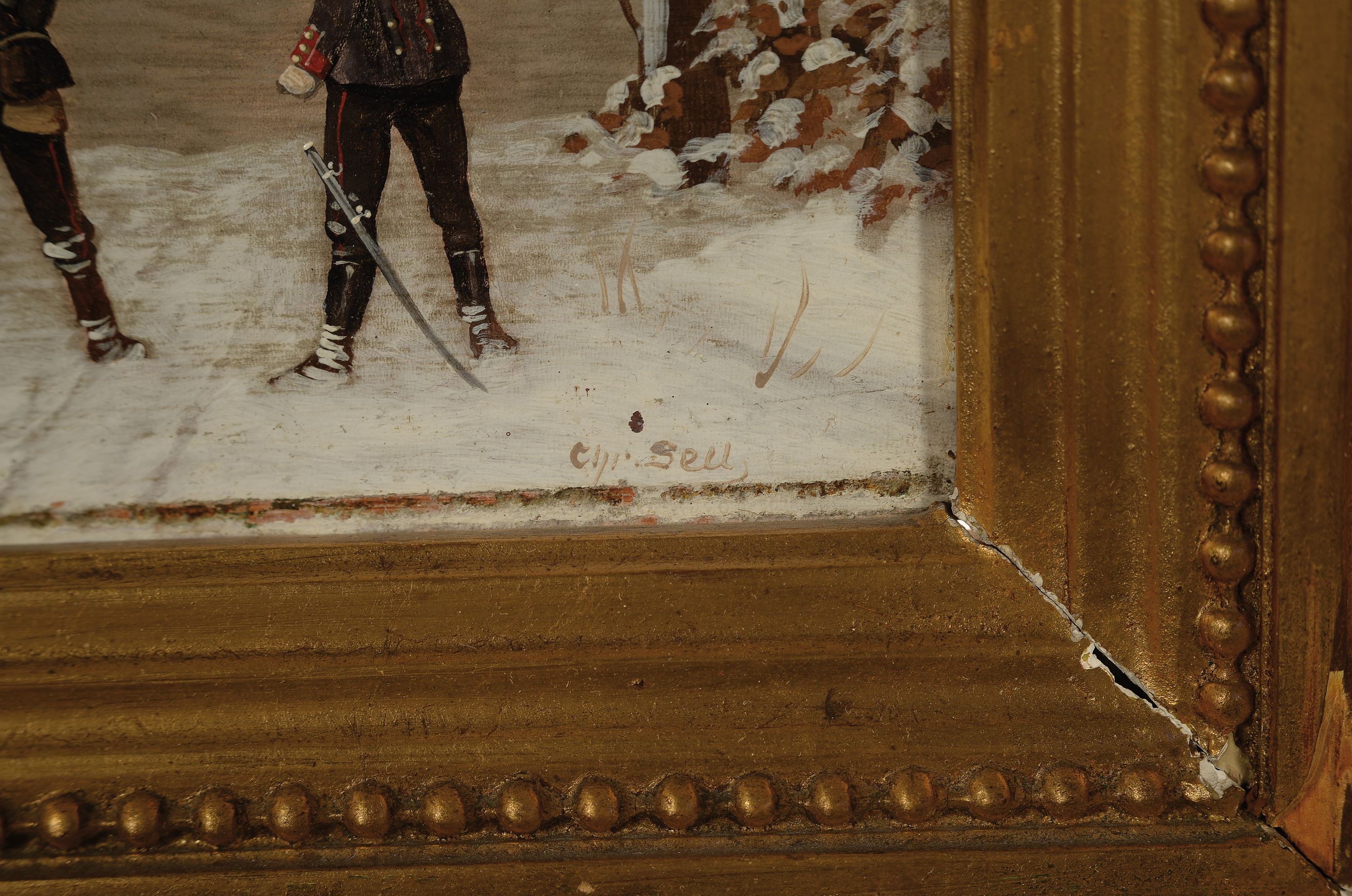 Detail a: Christian Sell d.J., 1854 Düsseldorf-1925 Gotha, vier Soldaten in verschneiter Winterlandschaft, Öl/Holz, rechts unten signiert, ca. 14x18cm, ...