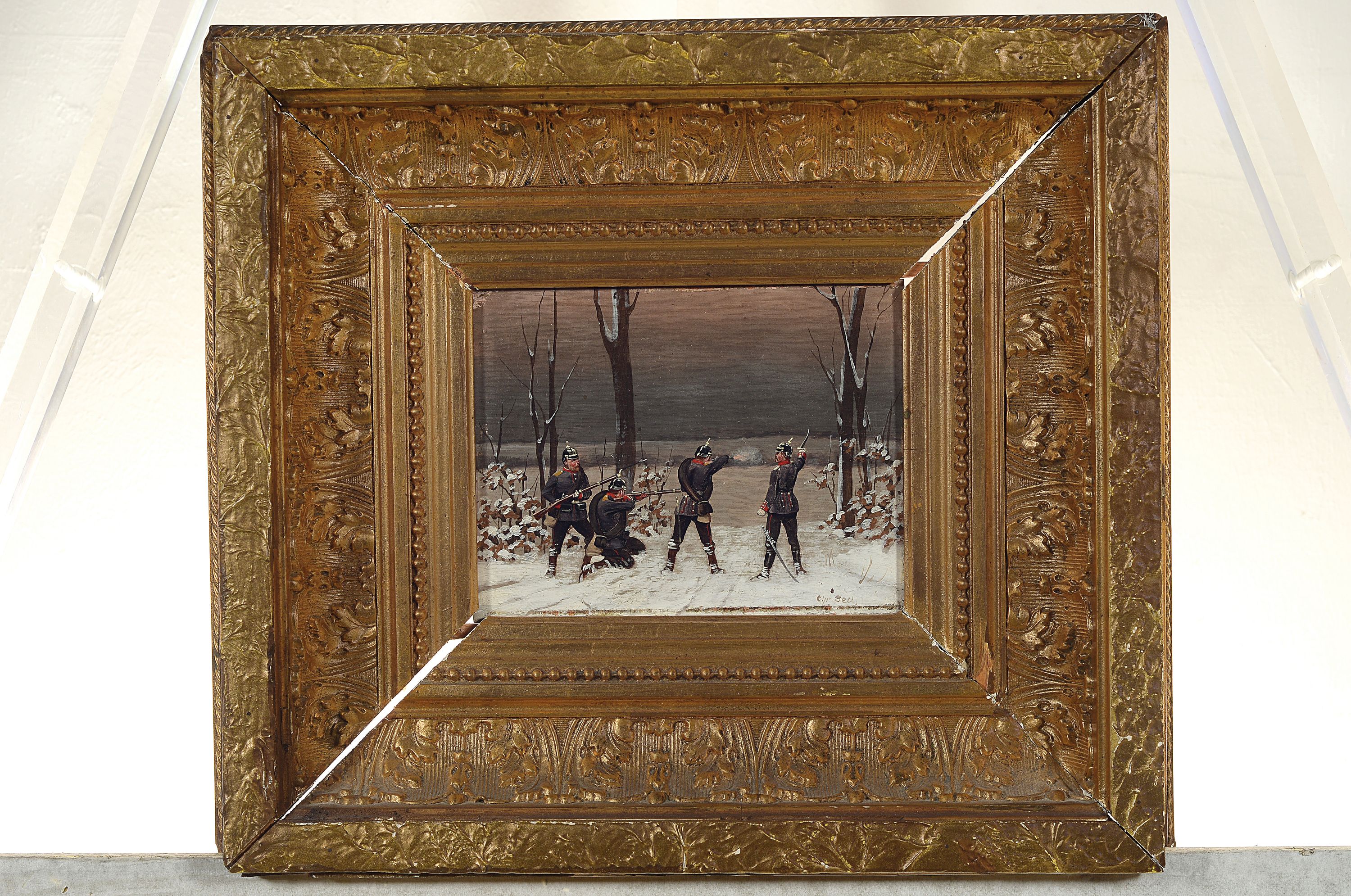 Detail k: Christian Sell d.J., 1854 Düsseldorf-1925 Gotha, vier Soldaten in verschneiter Winterlandschaft, Öl/Holz, rechts unten signiert, ca. 14x18cm, ...