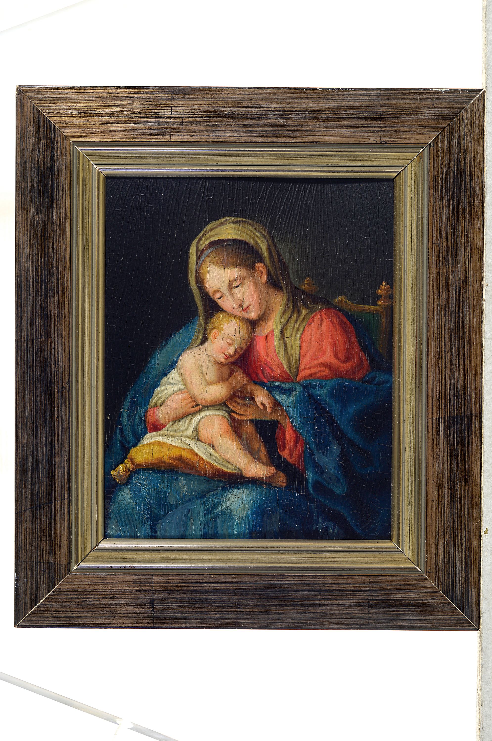 Detail k: Zuschreibung: Nicolaus Hug, 1771-1852, Maria mit dem Jesuskind, Öl/Holz, altersbedingt krakeliert, rückseitig Vermerk aus der Familie, nachdem das ...