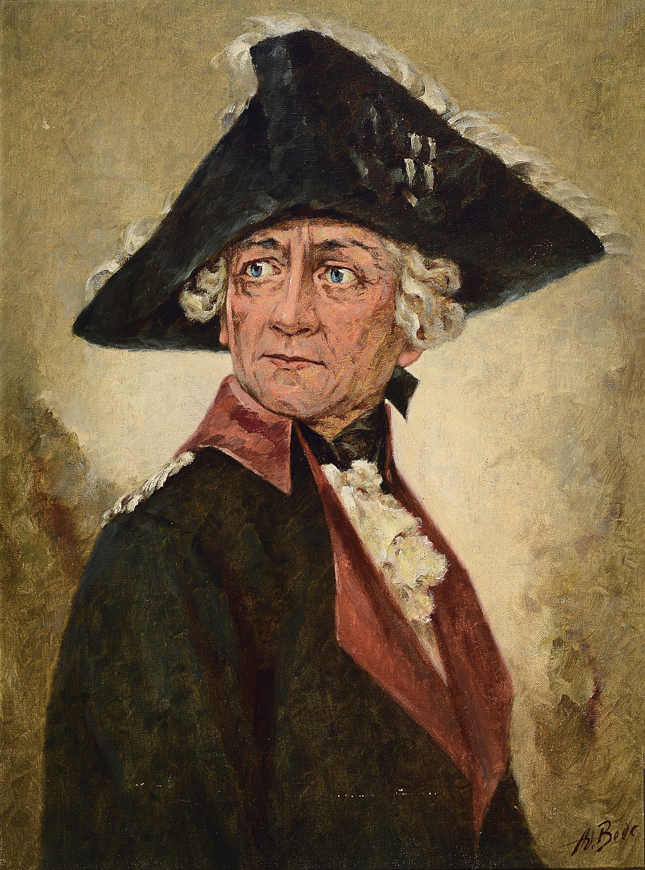 Adolf Bode, 1904-1970, Porträt des Kaisers Friedrich II. mit Dreispitz, Öl/Lwd, rechts unten sign., ca. 75x55cm, Rahmen besch., ca. 91x72cm