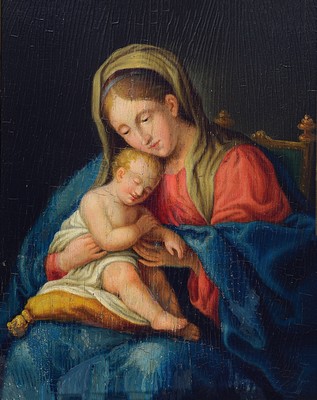 Image 26749314 - Attribution: Nicolaus Hug, 1771-1852, Mary with the child Jesus, oil/wood, due to age crazed, on the back Note from the family: the painting comes from the godfather, the painterNicolaus Hug, approx. 24x20cm, frame approx. 35x30cm