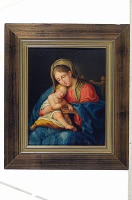 Image 26749314k - Attribution: Nicolaus Hug, 1771-1852, Mary with the child Jesus, oil/wood, due to age crazed, on the back Note from the family: the painting comes from the godfather, the painterNicolaus Hug, approx. 24x20cm, frame approx. 35x30cm