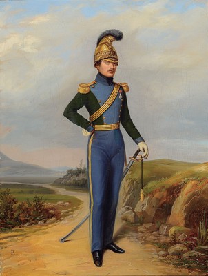 Image 26749336 - Monogramist PL, possibly Ludwig Putz (1866- 1947), full portrait of a Bavarian guardsman with caterpillar helmet, probably under LudwigI, integrated into a distinctive landscape, oil/canvas, restored, relined, left. u. monogr., approx. 43x33cm, frame approx. 58x48cm