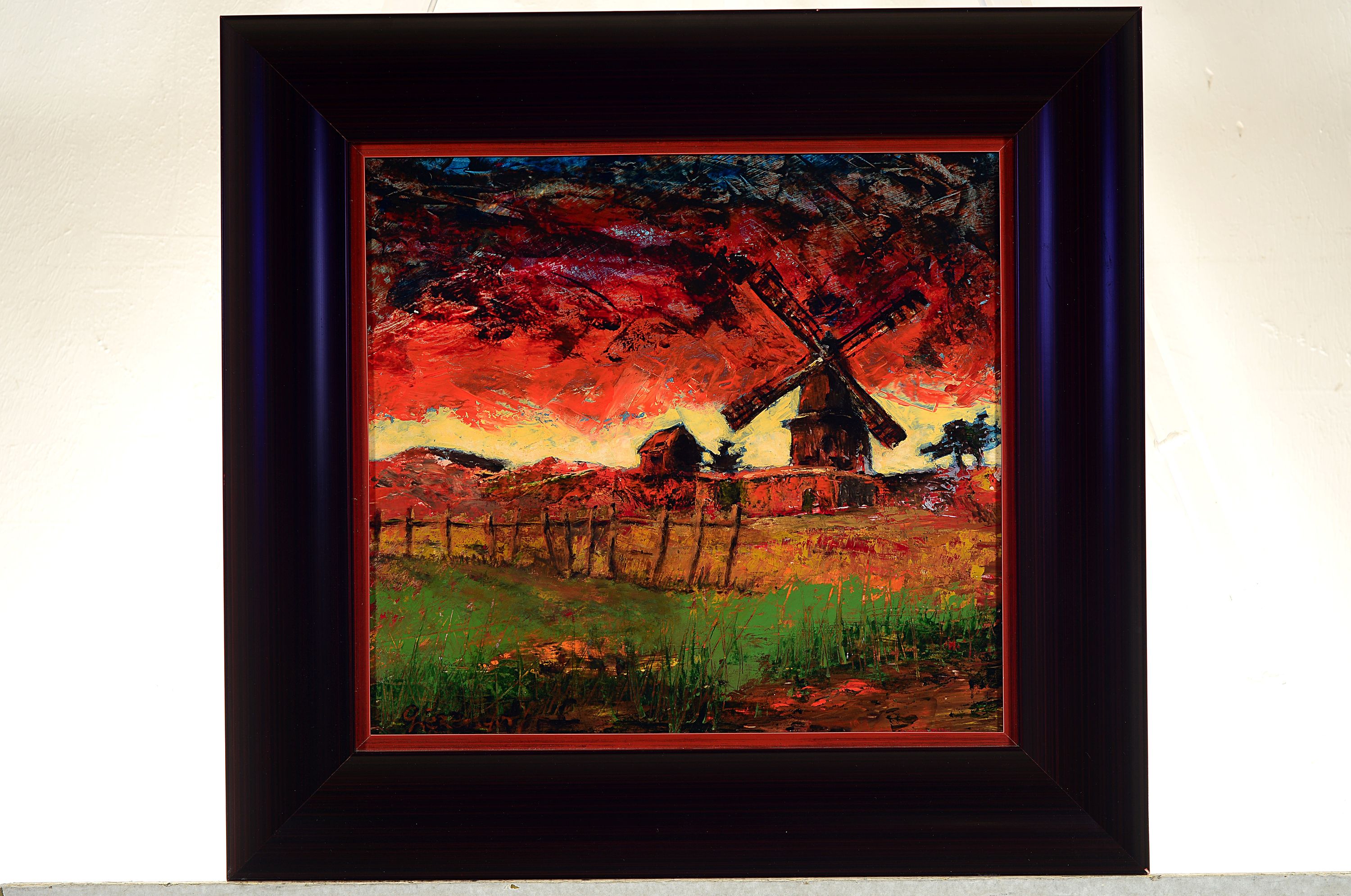 H. Giezendorf, wohl Mainzer Künstler, 20.Jh. , Öl/Holz, holländische Landschaft mit Windmühlen im Abendrot, signiert, schwarzer Rahmen, ...